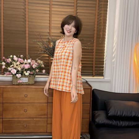 2026 Summer Women's Cotton Silk Set, Orange Soda Contrast Plaid Ruffle Cami & Wide Leg Pants, Casual Linen 2-Piece Outfit