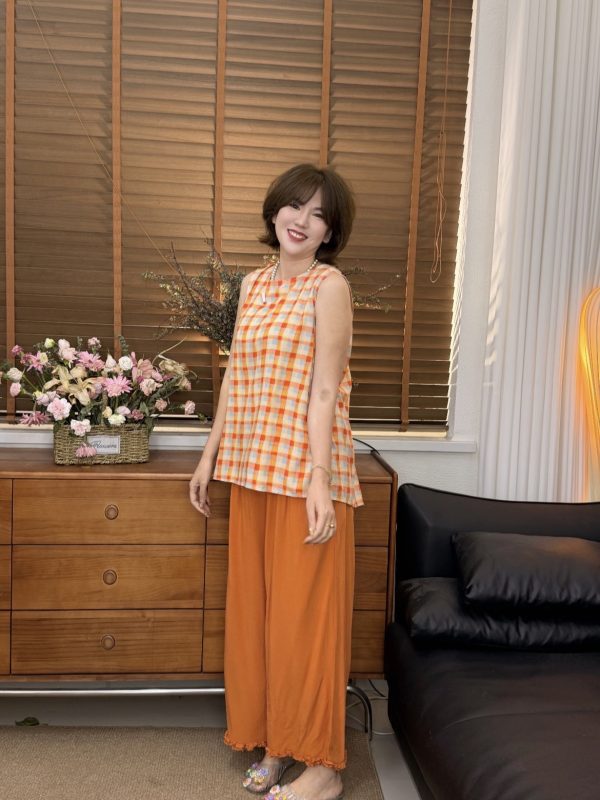 2026 Summer Women's Cotton Silk Set, Orange Soda Contrast Plaid Ruffle Cami & Wide Leg Pants, Casual Linen 2-Piece Outfit