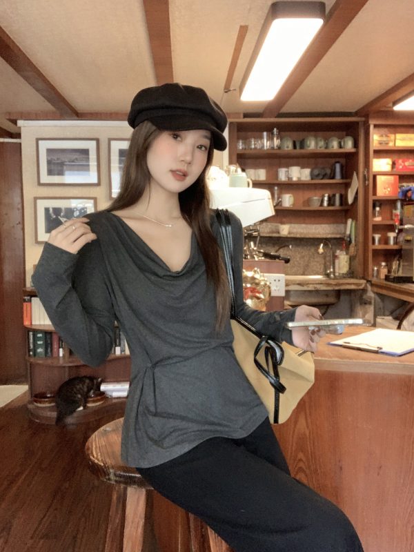 Grey, lazy style, pleated, off-shoulder, one-piece neckline, loose, pure color, long-sleeved T-shirt, new Korean style, autumn women's top