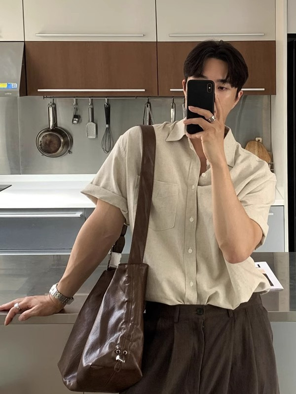 Korean Style Men's Linen Short Sleeve Shirt, Draped Texture, Lightweight & Loose, Luxury Casual Summer Top