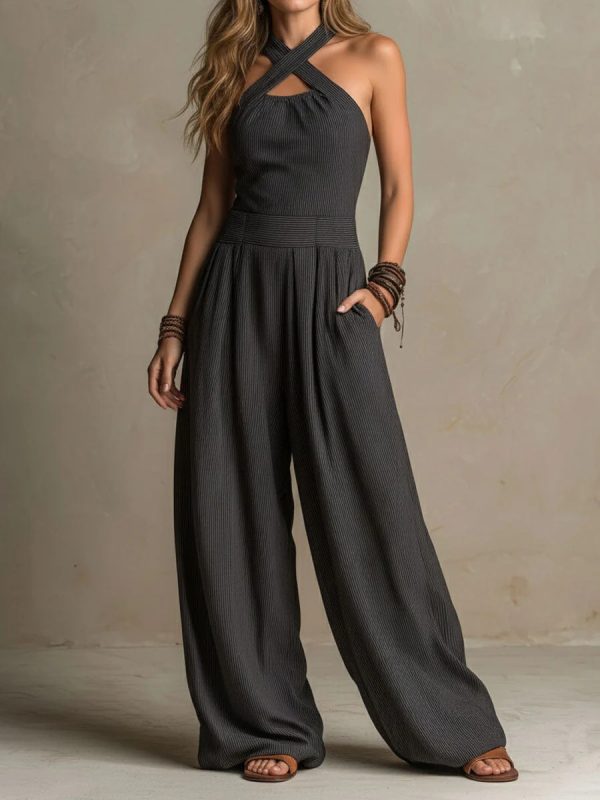 2026 Spring Summer Women's Cross Halter Cutout Jumpsuit, Knit Drape Loose Wide Leg, Sexy Backless Elegant Playsuit