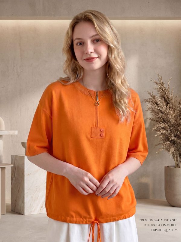 2026 Cross-border Women's Half-Zip Collared Knit Top, Spring & Summer New Style, Loose Versatile Youthful T-shirt