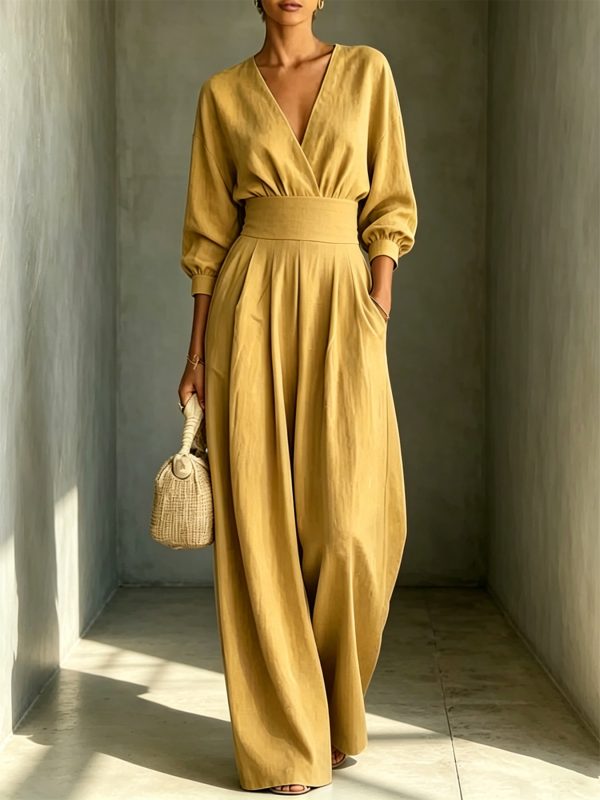 2026 Summer Women's Elegant Waist-Defined V-Neck Long Sleeve Solid Jumpsuit, Slim Fit One-Piece Outfit