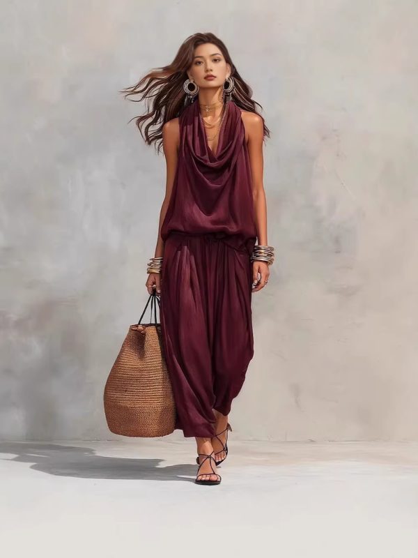 2026 Women's 2-Piece Outfit, Elegant Commuter Draped Ruffle Collar Cami & Casual Pants Set, Fashion Casual Wear