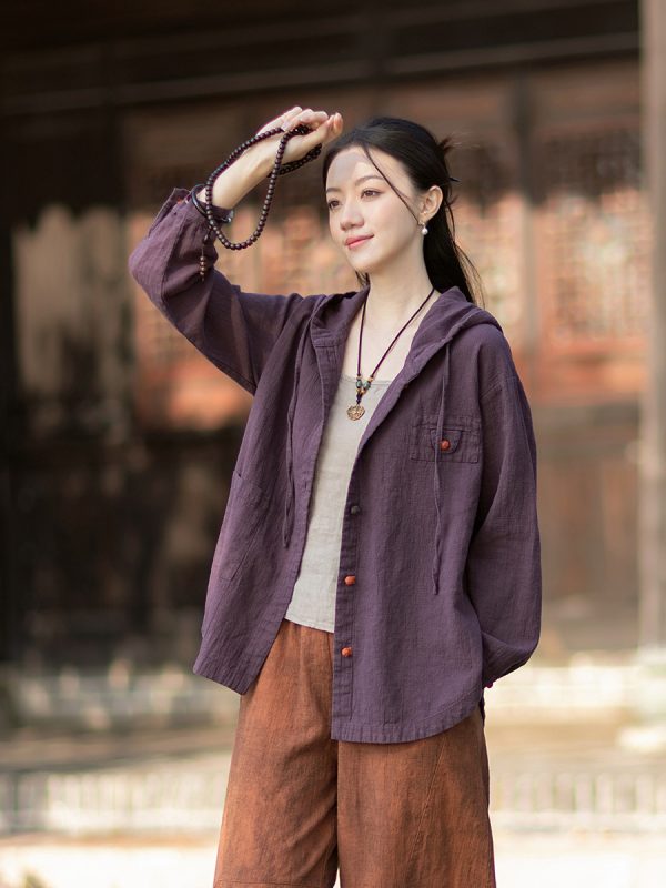 2026 Spring Women's Hooded Color-Block Frog Button Sun Protection Shirt, Loose Casual Washed Cotton Linen Jacket