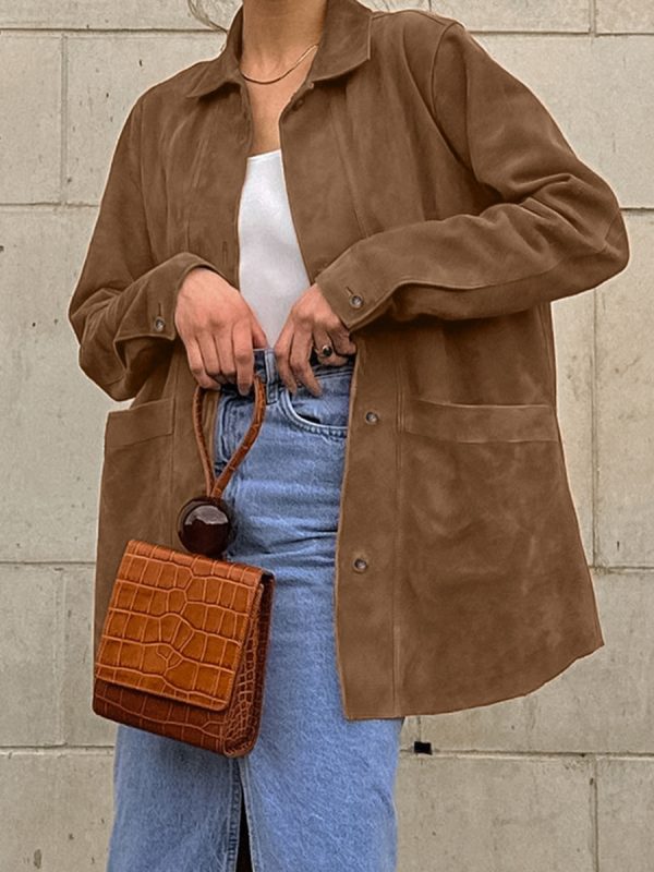 2026 Fall Women's Maillard Brown Faux Suede Coat, Loose Designer Lapel Overcoat, Vintage Elegant Outerwear